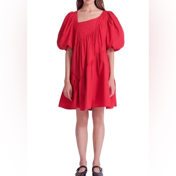 ENGLISH FACTORY Women's Asymmetric Poplin Tiered Sadie Dress Red Raspberry Small - Picture 1 of 11